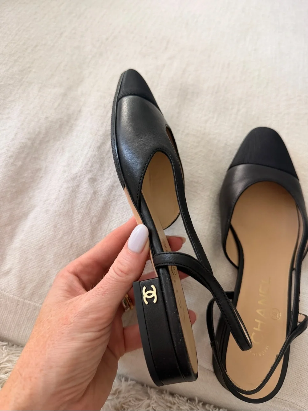 CHANEL Black Goatskin & Grosgrain Slingback Flats